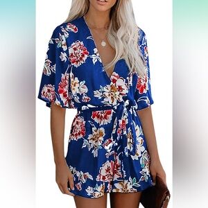 Summer blue and floral v-neck short romper half flare sleeve jumpsuit waist tie